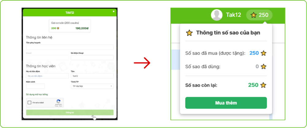 Điền thông tin cần thiết để mua thêm sao
